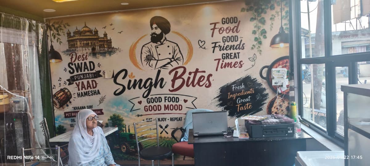 Singh Bites illustrated wall mural celebrating Punjabi heritage and motto